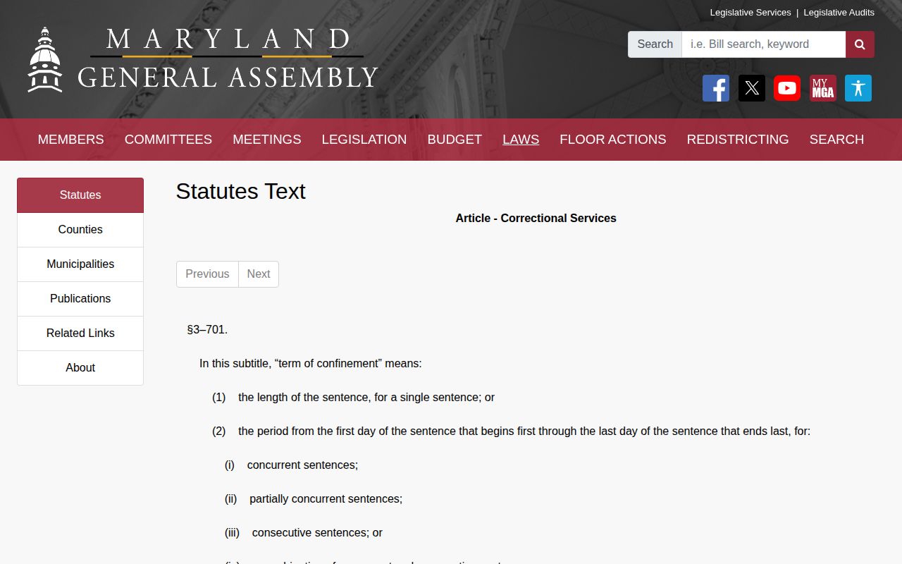Maryland statute used for Carroll County projected state release dates
